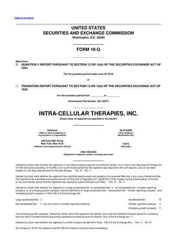 Thumbnail Intra-Cellular Therapies 10-Q Quarterly Report FY2018 