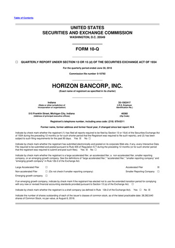 Thumbnail Horizon Bancorp 10-Q Quarterly Report FY2018 