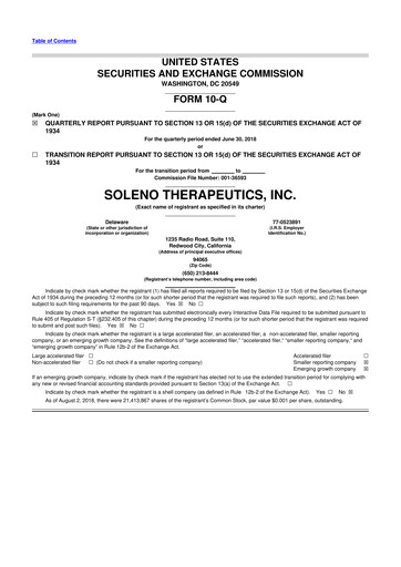 Miniature Soleno Therapeutics 10-Q Rapport trimestriel 2018 