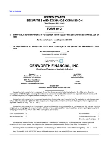 Miniature Genworth Financial
 10-Q Rapport trimestriel 2018 
