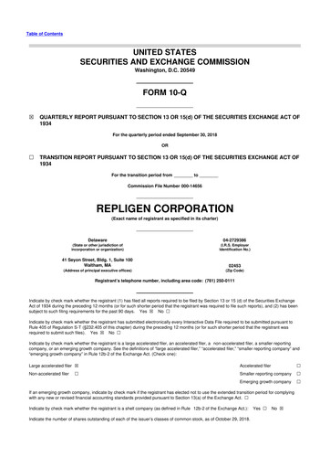 Miniature Repligen
 10-Q Rapport trimestriel 2018 