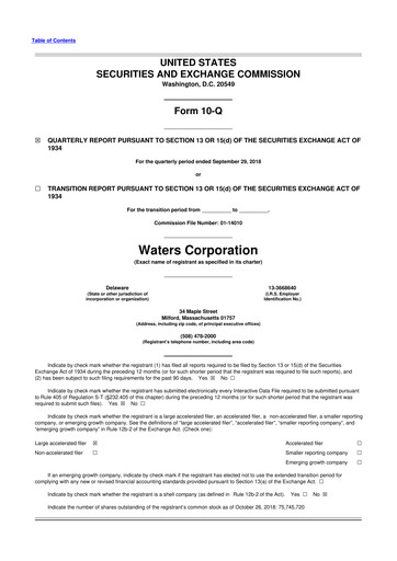 Thumbnail Waters Corporation 10-Q Quarterly Report FY2018 