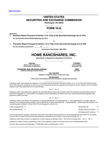 Thumbnail Home BancShares
 10-Q Quarterly Report FY2018 