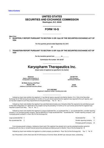 Thumbnail Karyopharm Therapeutics
 10-Q Quarterly Report FY2018 