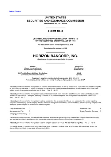 Thumbnail Horizon Bancorp 10-Q Quarterly Report FY2018 