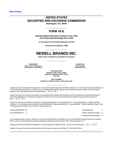 Thumbnail Newell Brands
 10-Q Quarterly Report FY2018 