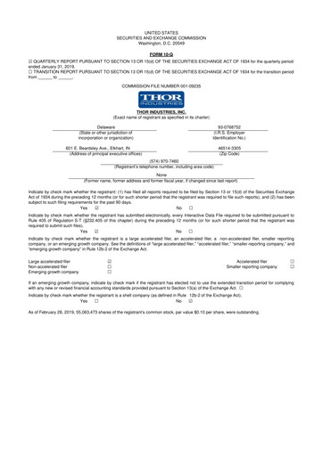 Thumbnail Thor Industries
 10-Q Quarterly Report FY2019 