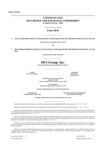 Miniature HCI Group
 10-K Rapport annuel 2018