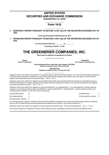 Thumbnail The Greenbrier Companies
 10-Q Quarterly Report FY2019 