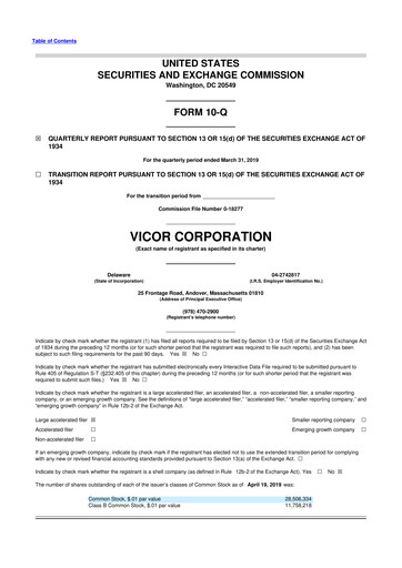 Miniature Vicor
 10-Q Rapport trimestriel 2019 