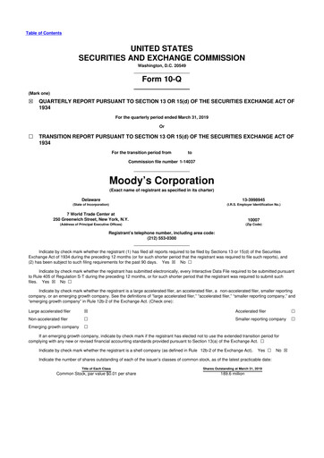 Thumbnail Moody's 10-Q Quarterly Report FY2019 