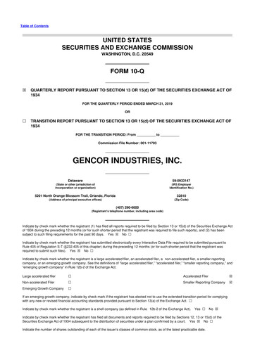 Miniature Gencor Industries
 10-Q Rapport trimestriel 2019 