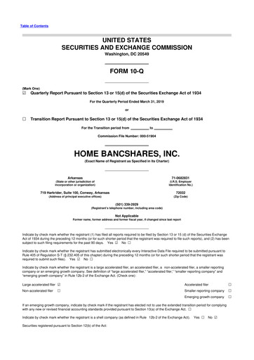 Thumbnail Home BancShares
 10-Q Quarterly Report FY2019 