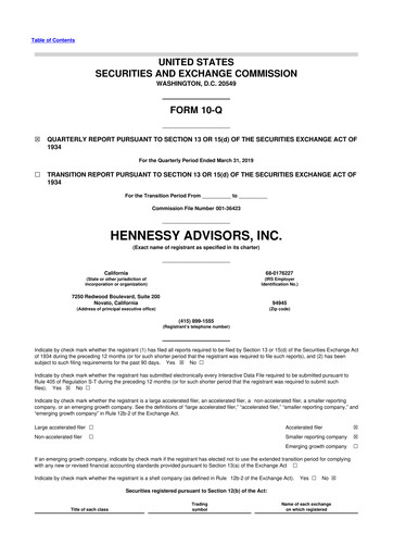 Thumbnail Hennessy Advisors 10-Q Quarterly Report FY2019 