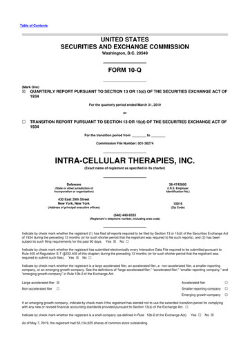 Thumbnail Intra-Cellular Therapies 10-Q Quarterly Report FY2019 