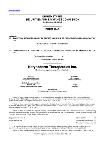 Thumbnail Karyopharm Therapeutics
 10-Q Quarterly Report FY2019 