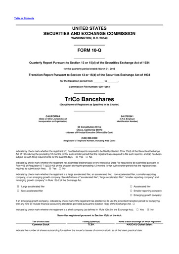 Vorschaubild TriCo Bancshares 10-Q Quartalsbericht 2019 