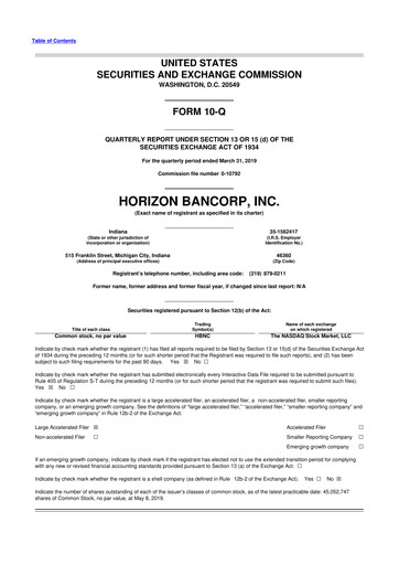 Thumbnail Horizon Bancorp 10-Q Quarterly Report FY2019 