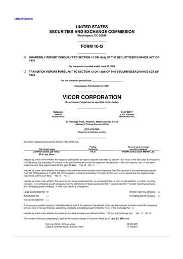 Miniature Vicor
 10-Q Rapport trimestriel 2019 