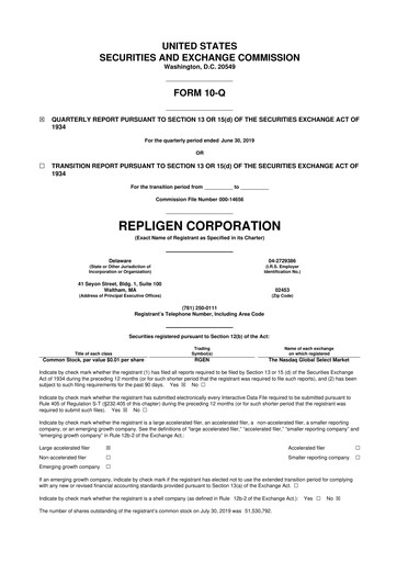 Miniature Repligen
 10-Q Rapport trimestriel 2019 