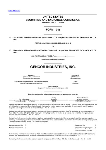 Miniature Gencor Industries
 10-Q Rapport trimestriel 2019 