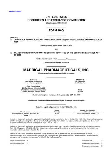 Thumbnail Madrigal Pharmaceuticals
 10-Q Quarterly Report FY2019 
