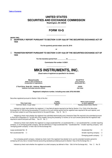 Thumbnail MKS Instruments 10-Q Quarterly Report FY2019 