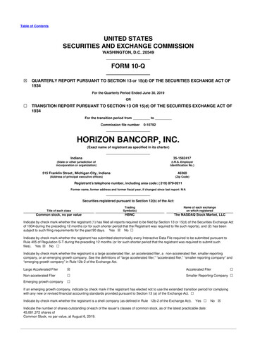 Thumbnail Horizon Bancorp 10-Q Quarterly Report FY2019 