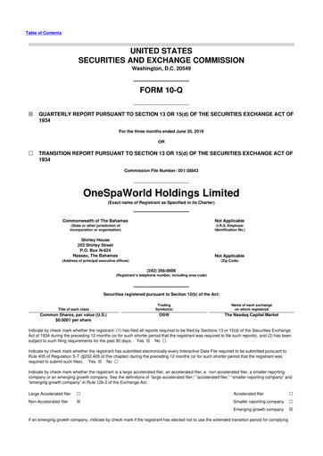 Thumbnail OneSpaWorld 10-Q Quarterly Report FY2019 
