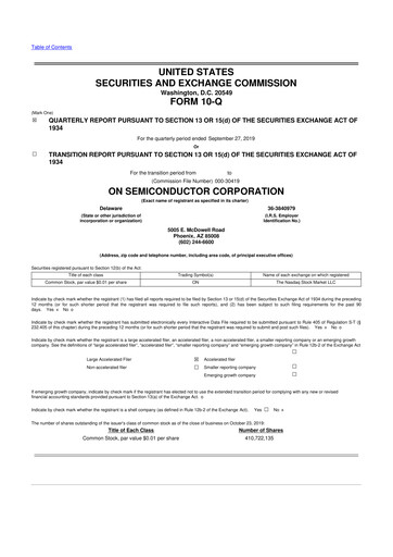 Thumbnail ON Semiconductor 10-Q Quarterly Report FY2019 