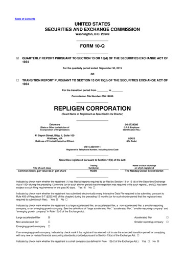 Miniature Repligen
 10-Q Rapport trimestriel 2019 