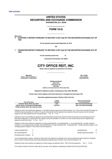 Thumbnail City Office REIT
 10-Q Quarterly Report FY2019 