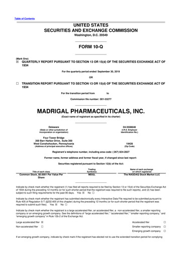 Thumbnail Madrigal Pharmaceuticals
 10-Q Quarterly Report FY2019 