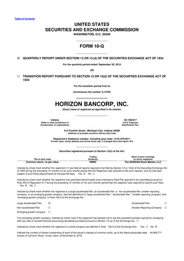 Thumbnail Horizon Bancorp 10-Q Quarterly Report FY2019 