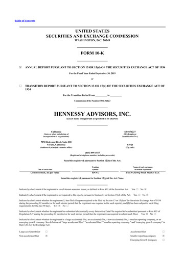 Miniature Hennessy Advisors 10-K Rapport annuel 2019