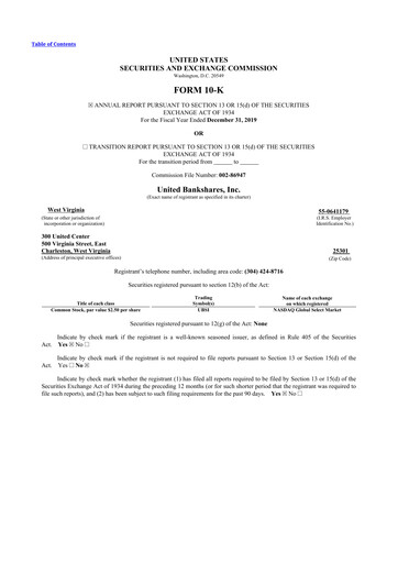 Thumbnail United Bankshares 10-K Annual Report 2019