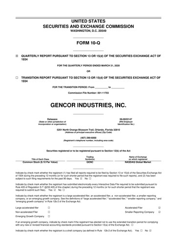 Miniature Gencor Industries
 10-Q Rapport trimestriel 2020 