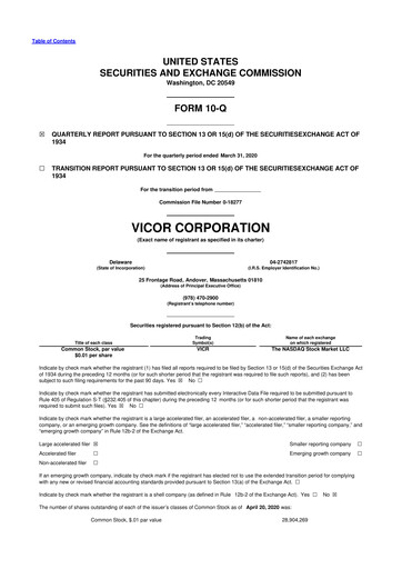 Miniature Vicor
 10-Q Rapport trimestriel 2020 