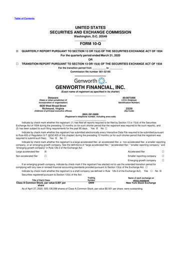 Miniature Genworth Financial
 10-Q Rapport trimestriel 2020 