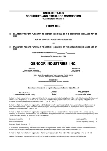 Miniature Gencor Industries
 10-Q Rapport trimestriel 2020 