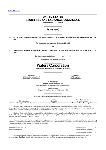 Thumbnail Waters Corporation 10-Q Quarterly Report FY2020 