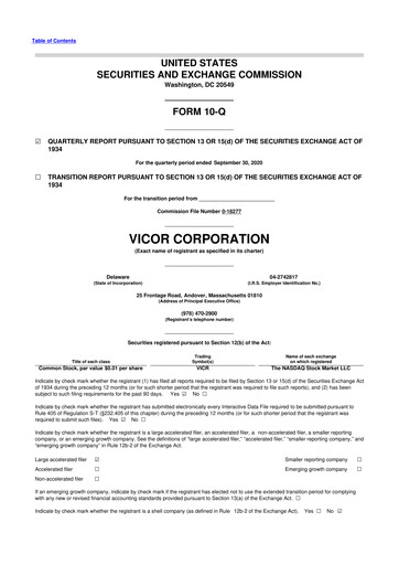 Miniature Vicor
 10-Q Rapport trimestriel 2020 