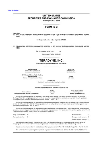 Miniature Teradyne 10-Q Rapport trimestriel 2020 