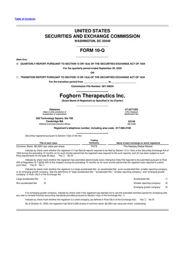 Miniature Foghorn Therapeutics 10-Q Rapport trimestriel 2020 