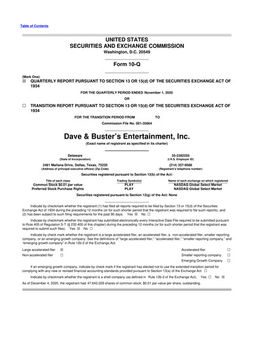 Thumbnail Dave & Buster's
 10-Q Quarterly Report FY2020 