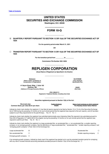 Miniature Repligen
 10-Q Rapport trimestriel 2021 