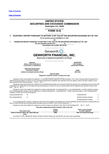 Miniature Genworth Financial
 10-Q Rapport trimestriel 2021 