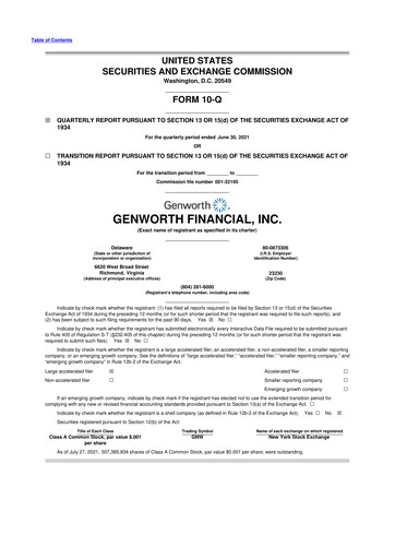 Miniature Genworth Financial
 10-Q Rapport trimestriel 2021 