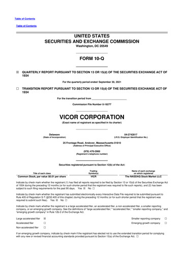Miniature Vicor
 10-Q Rapport trimestriel 2021 