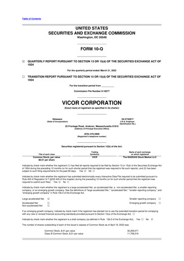 Miniature Vicor
 10-Q Rapport trimestriel 2022 